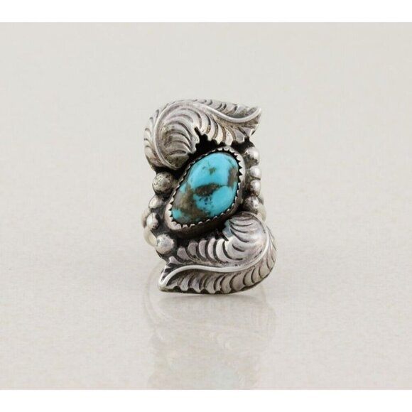 Sterling Silver Vintage Turquoise Leaf Ring Size 8 Long Finger Ring - Picture 1 of 6